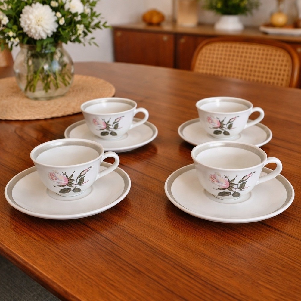 MCM Denby Stoneware Memories Wild Rose Teacups Saucers Set of 4 Made in England